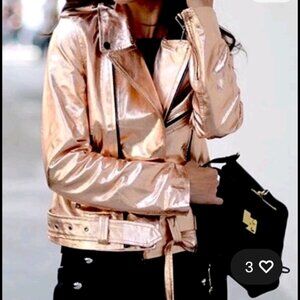 Zara Sz S Rose Gold Metallic Leather Motorcycle Biker Jacket Full Zip NO BELT